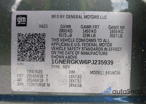 2023 Chevrolet Traverse Lt из США, поврежденный, VIN 1GNERGKW6PJ235939